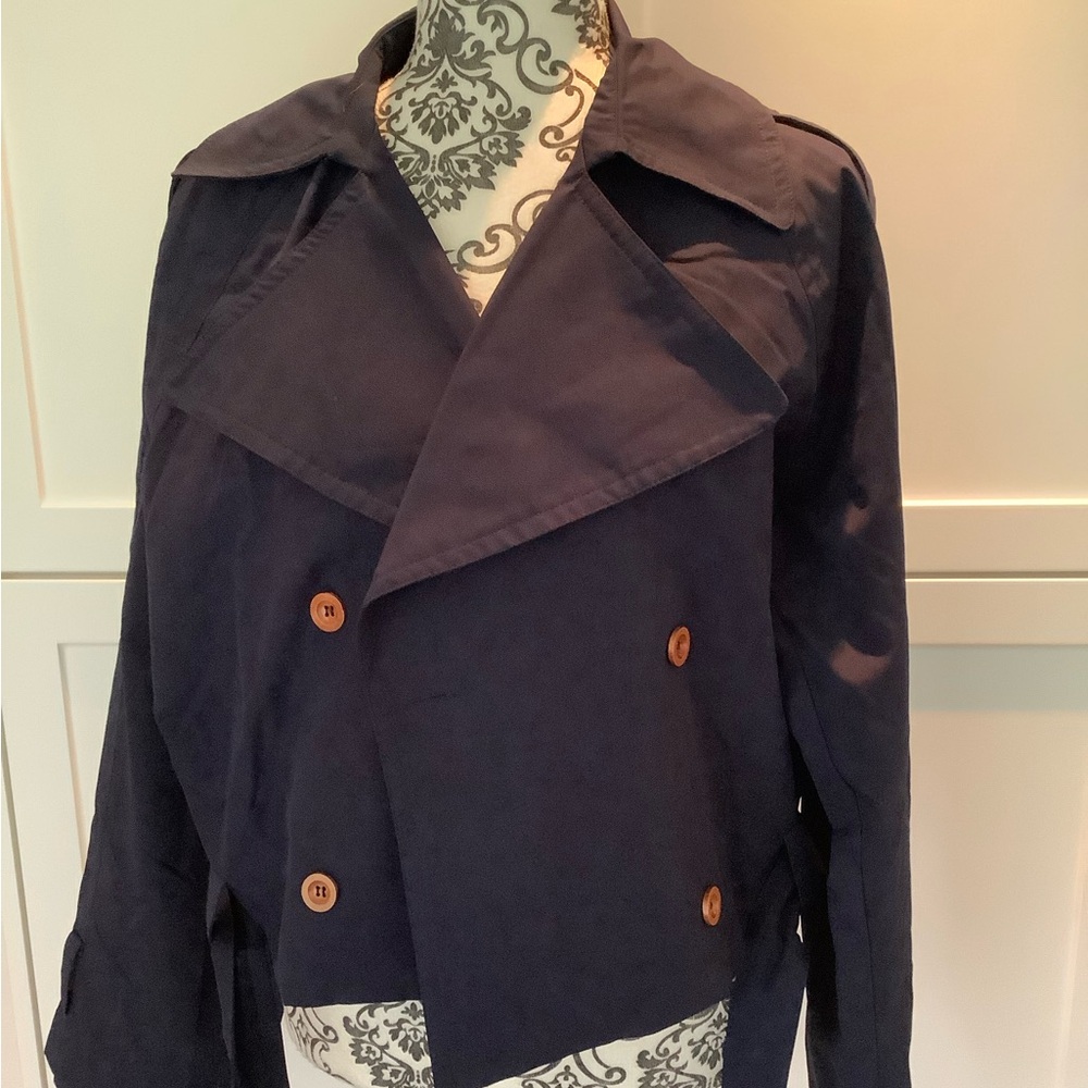 Navy Cropped Double-Breasted Trench Coat